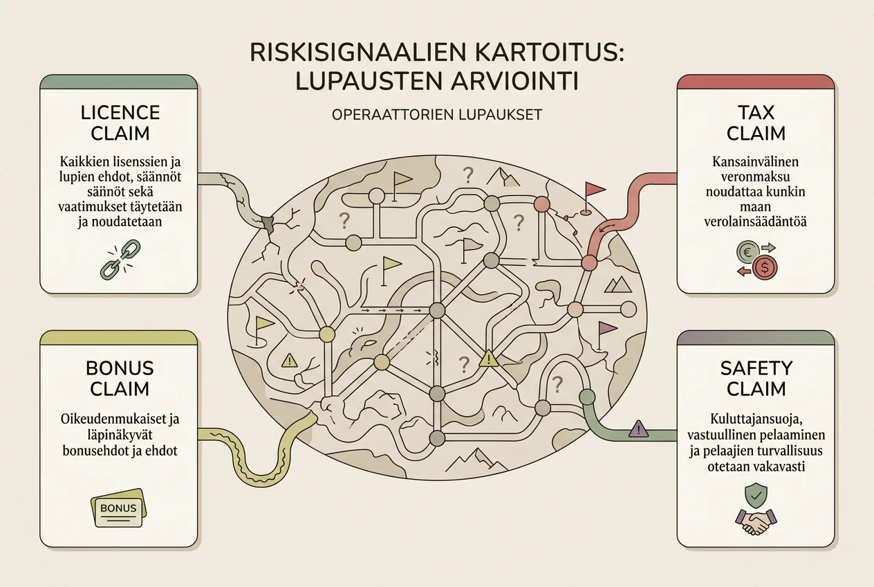 Riskikartta, jossa kasinolupaukset jaetaan tarkistettaviin väitetyyppeihin